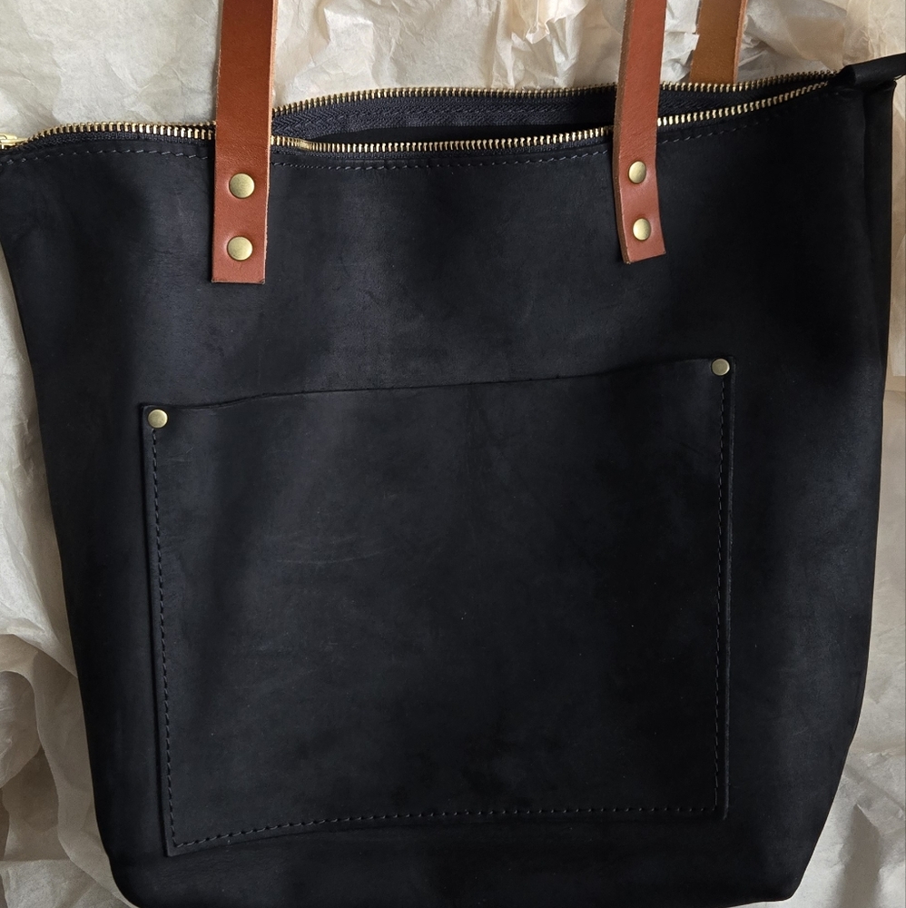 Portland Leather Goods Shadow Black Tote with Tan Handles
